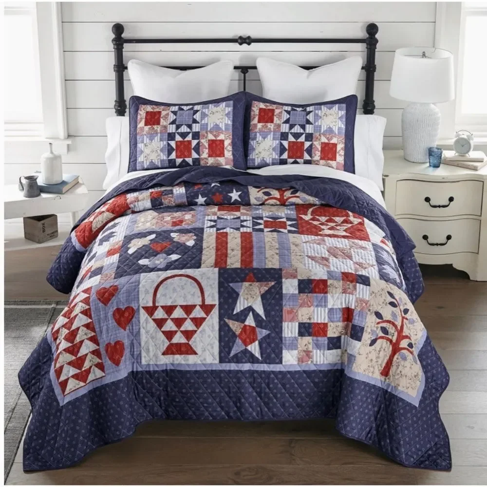 Farmhouse Cottage County Fair Printed King Size Quilt Set Patchwork Americana